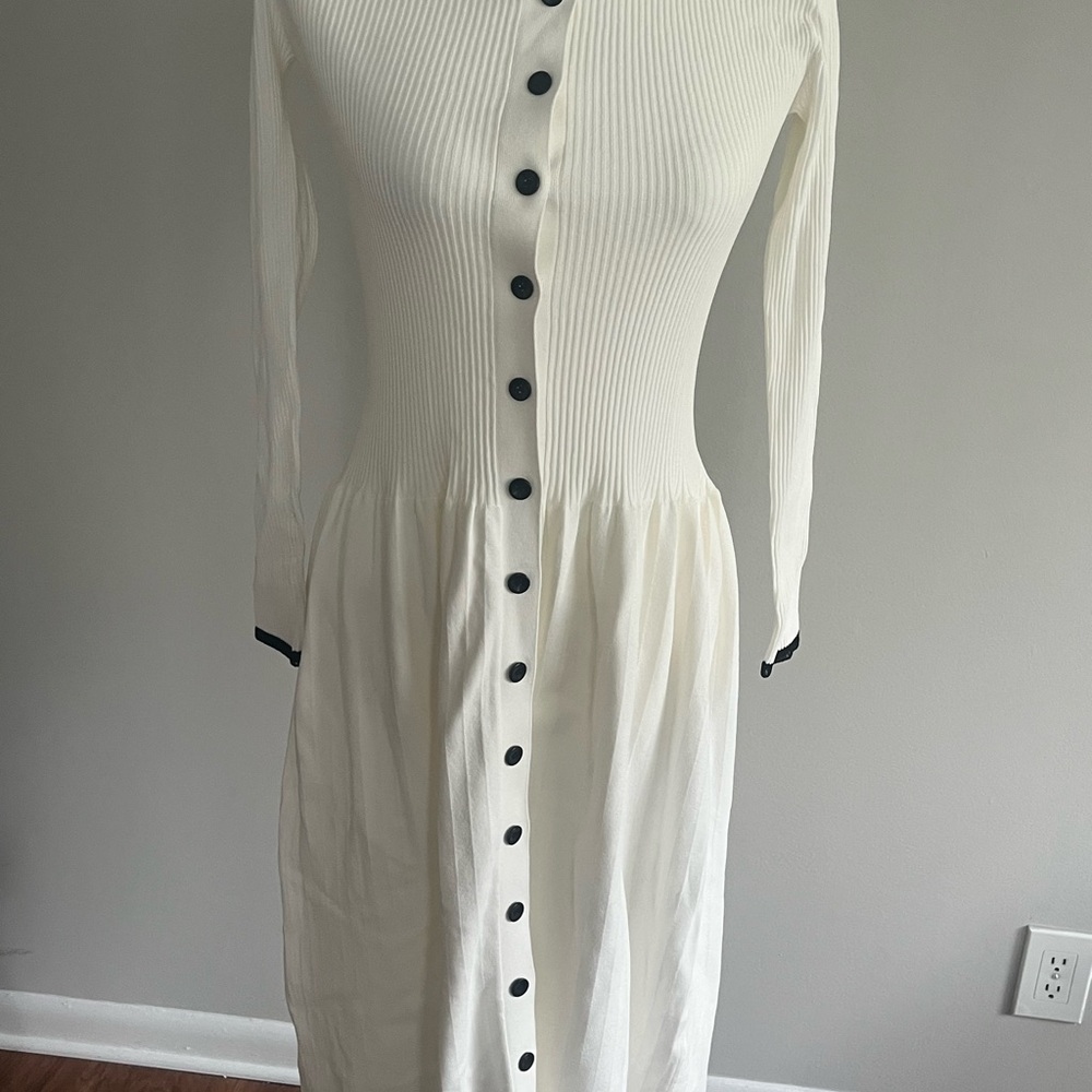 Proenza Schouler Ivory Long Sleeve Button-Front Dress with Black Trim - Picture 2 of 6